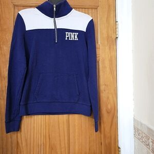 Pink Victoria's Secret Women's Blue/Cream Half Zip Mockneck Sweatshirt